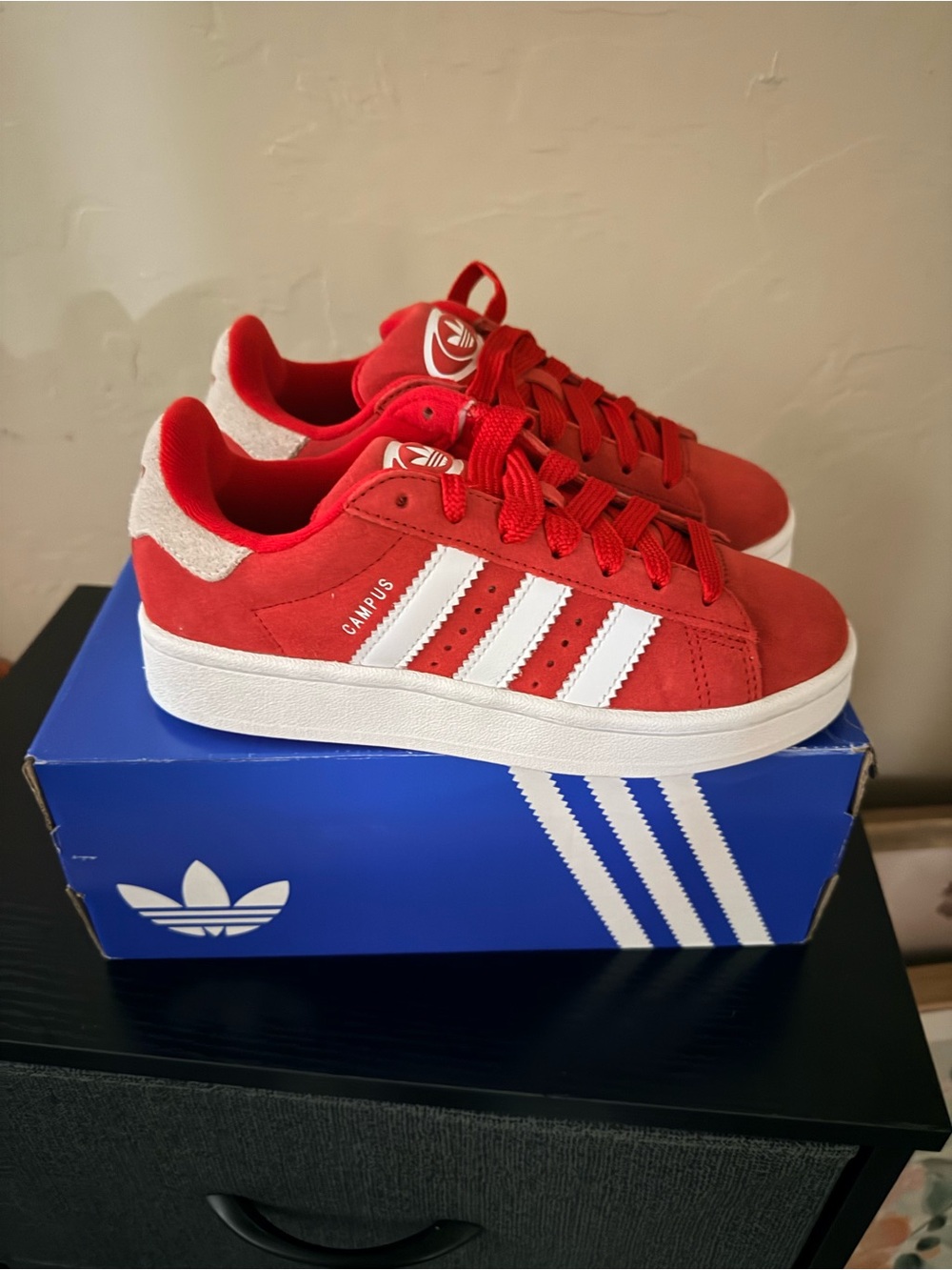 adidas Campus Women’s s Red Suede with White 3-Stripes - Picture 3 of 5